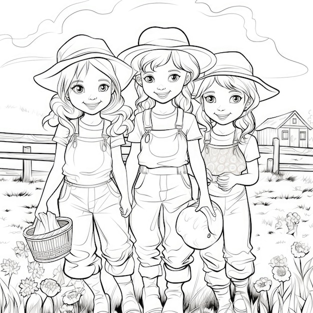 Zabawa na farmie Blondies Urocza kolorowanka przedstawiająca cztery szczęśliwe siostry bawiące się na farmie