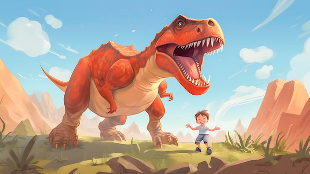 Zabawa z animowanym dinozaurem na tle dżungli Jurassic Park tematyczna ilustracja wektorowa
