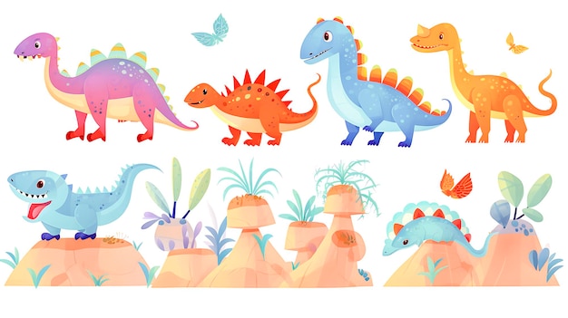 Zabawa z animowanym dinozaurem na tle dżungli Jurassic Park tematyczna ilustracja wektorowa