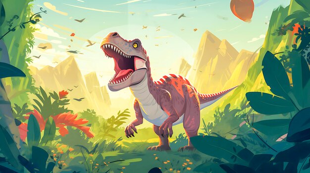 Zabawa z animowanym dinozaurem na tle dżungli Jurassic Park tematyczna ilustracja wektorowa