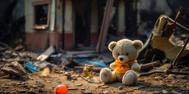 Zabawka dla dzieci pośród ruin domu symbolizująca utratę i spustoszenie