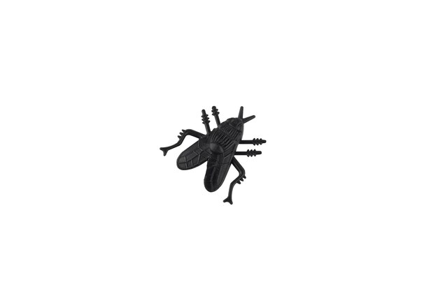 Zabawka plastikowa czarna mucha, izolowana na białym tle