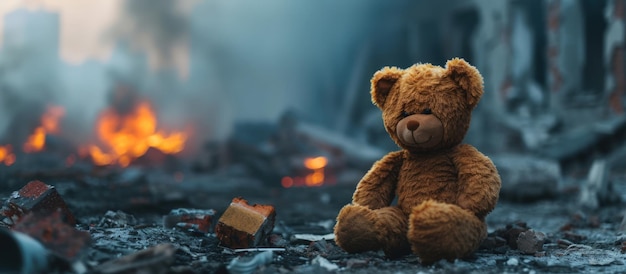 Zabawka z pluszowym niedźwiedziem na ruinach miasta zniszczonego przez konflikt wojenny