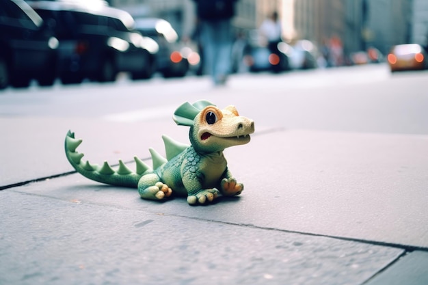 Zabawkarski dinozaur siedzi na ziemi przed ulicą.