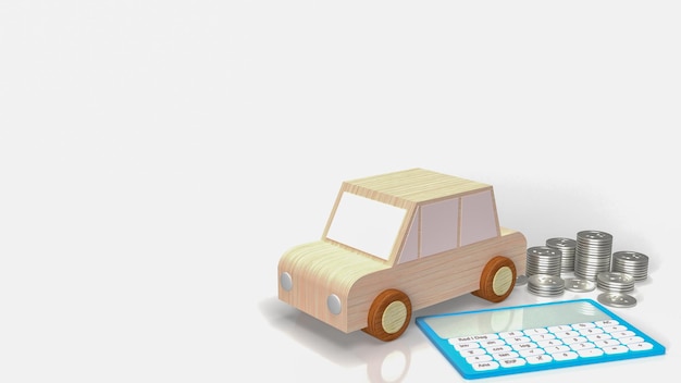 Zabawkarski drewniany samochód i błękitny kalkulator na białym tle renderowania 3d