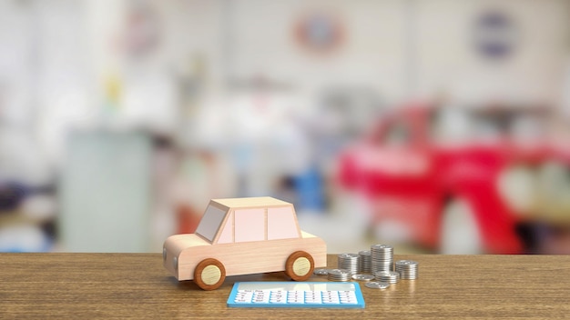 Zabawkarski drewniany samochód i niebieski kalkulator na drewnianym stole renderowania 3d