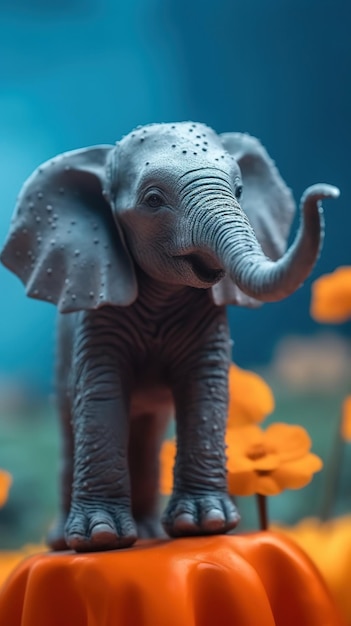 Zabawkarski słoń z żółtym kwiatem w tle