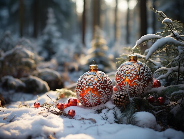 Zdjęcie zabawki świąteczne jodła zimą w lesie nowy rok