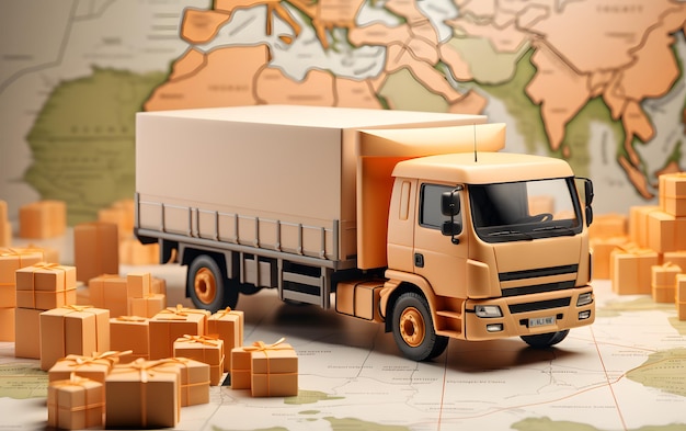 Zdjęcie zabawkowa ciężarówka z mapą świata na tle