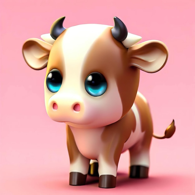 Zabawkowa krowa o niebieskich oczach i niebieskich oczach jest na różowym tle.