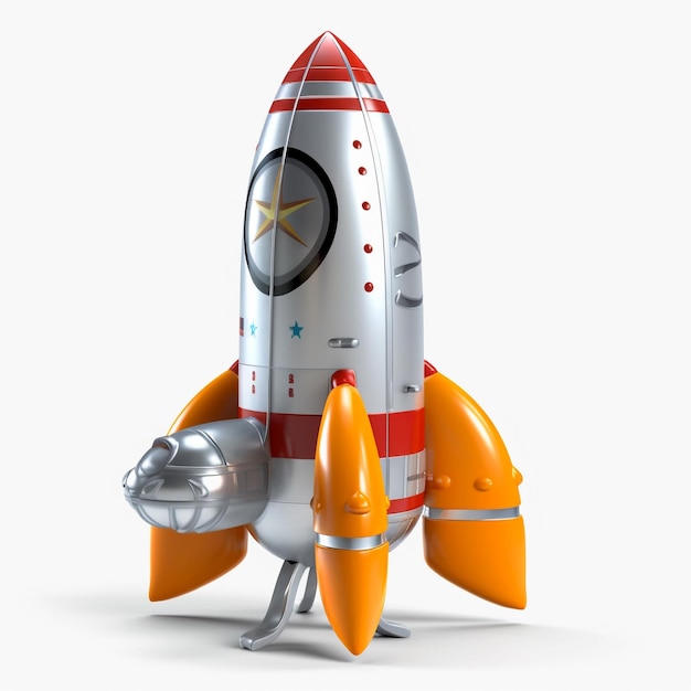 Zabawkowa rakieta z czerwono-srebrnym ogonem i żółtym ogonem.