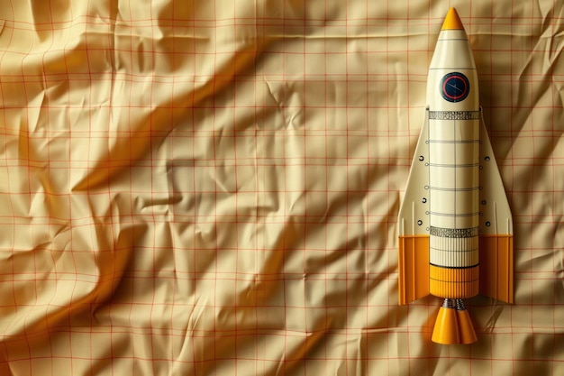 Zabawkowa rakieta zaprojektowana w jasnych kolorach spoczywa na płaskim arkuszu rakiety jest pionowo i pojawiają się