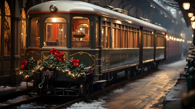 Zdjęcie zabawkowa vintage lokomotywa parowa na podłodze pod ozdobioną choinką na tle świateł bokeh wieniec świąteczny i noworoczny koncept świętowania