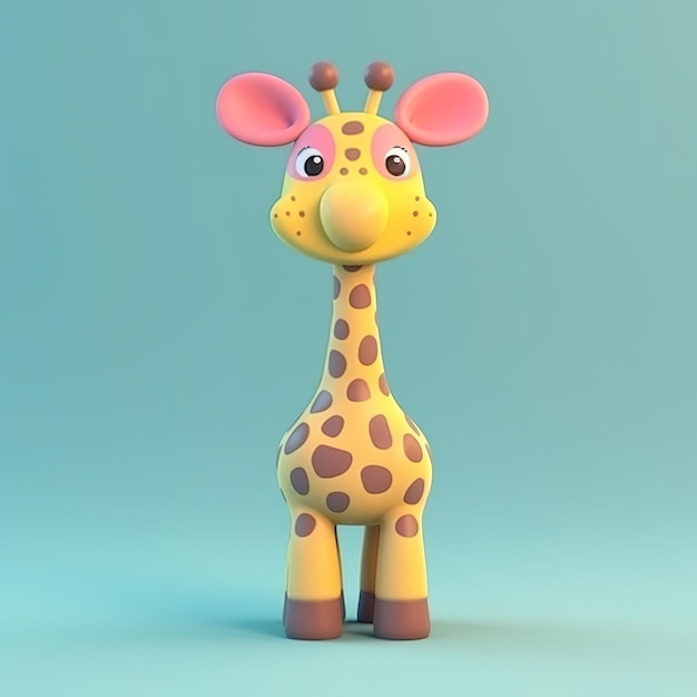Zabawkowa żyrafa z różowymi uszami i żółtym nosem.