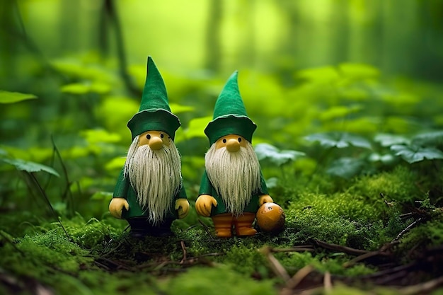 Zdjęcie zabawkowe gnomy irlandzkie w tajemniczym lesie abstrakcyjne zielone naturalne tło
