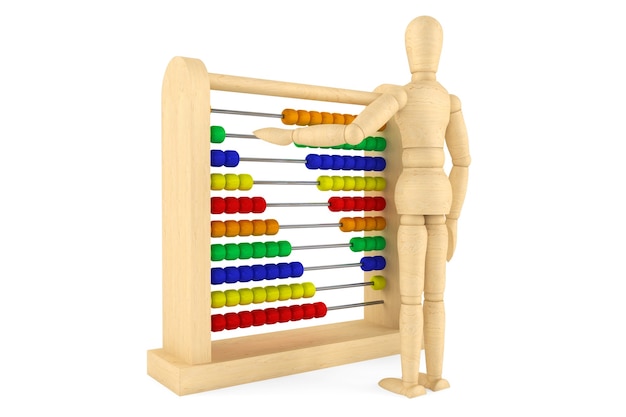 Zabawkowe liczydło z drewnianym manekinem na białym tle