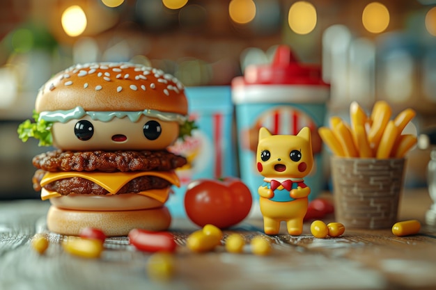 Zabawkowy hamburger i kot obok siebie