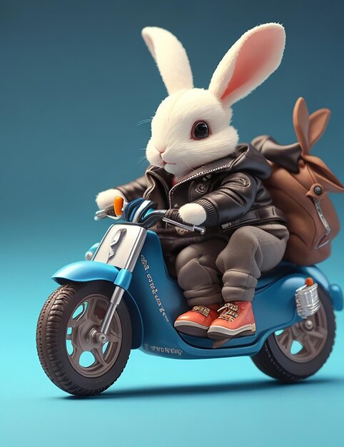 Zabawkowy królik w kurtce jadący na mini motocyklu Obrazy Generatywne Autor: Ai