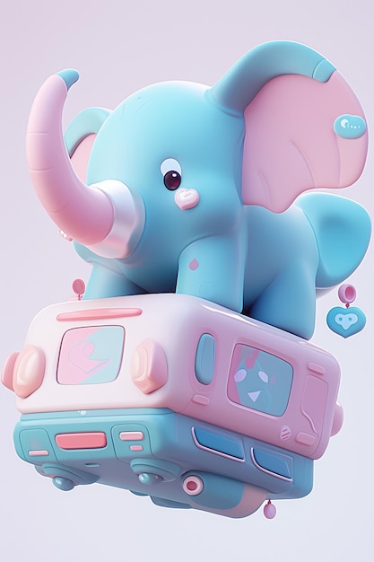 Zabawkowy słoń z różowym kolczykiem siedzi na samochodziku.