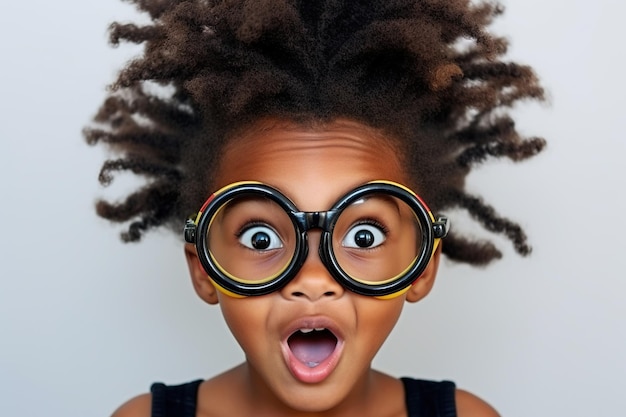 Zabawna afroamerykańska dziewczynka nosi futurystyczne okulary na białym tle