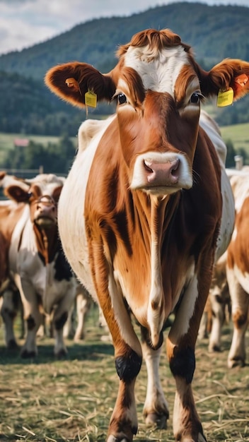 Zabawna ciekawa krowa patrzy na kamerę, podczas gdy inne krowy jedzą siana w tle na farmie bydła