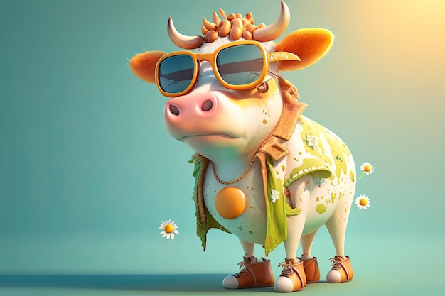 Zabawna dziecinna krowa w okularach przeciwsłonecznych na jasnym tle Generacyjna sztuczna inteligencja