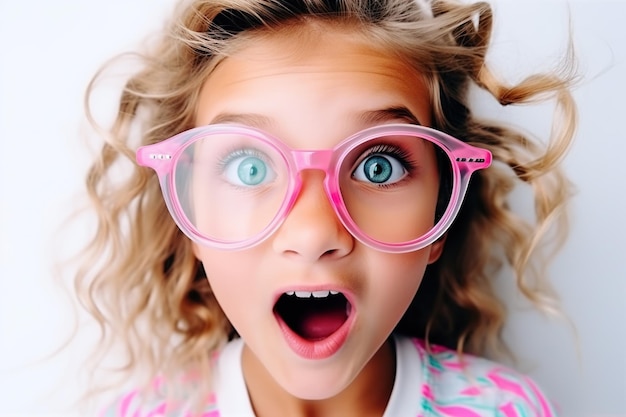 Zdjęcie zabawna dziewczyna nosi futurystyczne okulary na białym tle