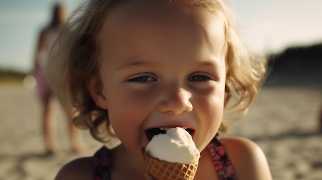 Zabawna dziewczynka na plaży szczęśliwie jedząca pyszne lody Generatywna sztuczna inteligencja