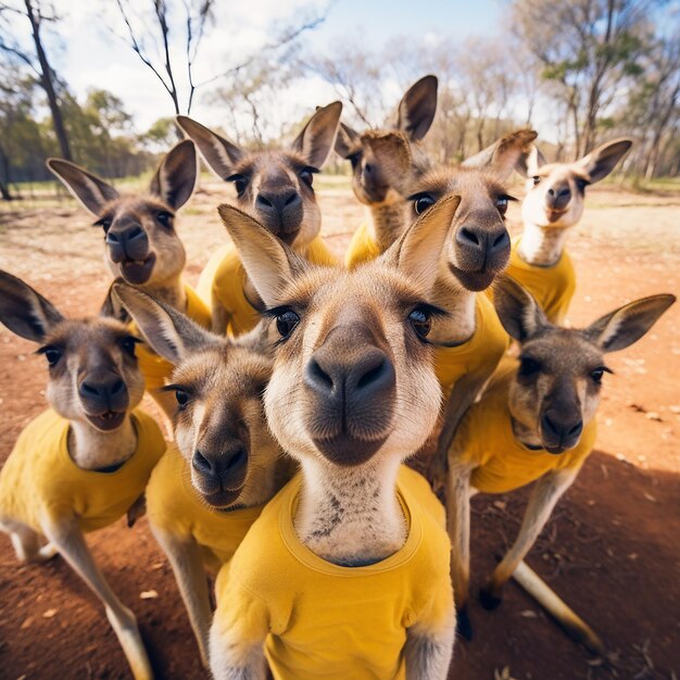Zdjęcie zabawna grupa kangurów robi selfie.