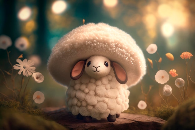 Zabawna i urocza wełniana owieczka przebrana za grzybka w czarującym bajkowym lesie
