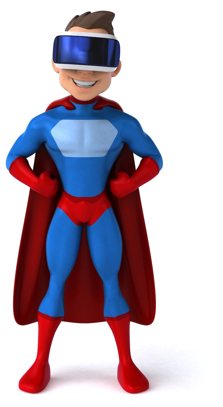 Zdjęcie zabawna ilustracja 3d superbohatera z hełmem vr