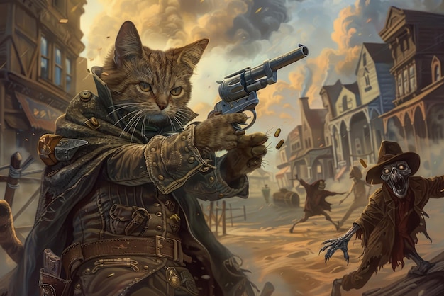 Zabawna ilustracja kota przebranej za kowboja z małym rewolwerem stojącego przeciwko myszy zombie w opuszczonym mieście Hyper realistyczny