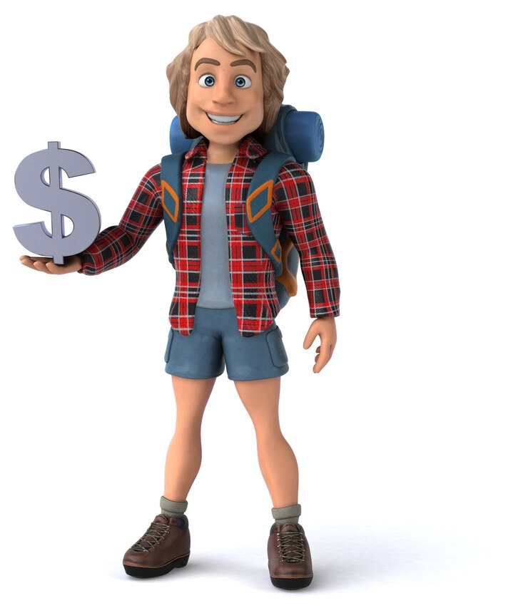 Zdjęcie zabawna ilustracja kreskówka backpacker facet