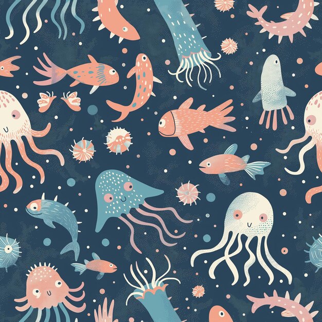 Zabawna ilustracja różnych stworzeń morskich o kapryśnym, dziecięcym uroku