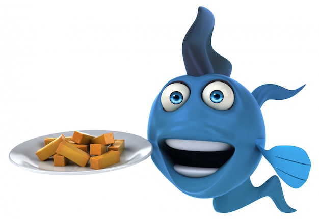zabawna ilustrowana niebieska ryba trzymająca talerz frytek