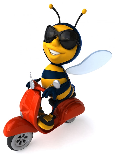 Zabawna ilustrowana pszczoła w okularach przeciwsłonecznych na hulajnodze