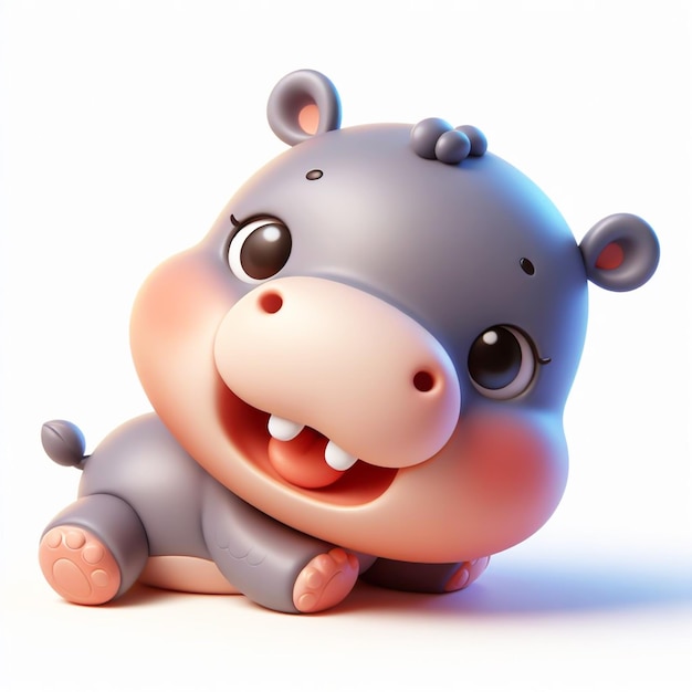 Zabawna kreskówka 3D małego hipopotama na białym tle Wygenerowano sztuczną inteligencję