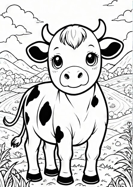 Zdjęcie zabawna krowa na polu aigenerated coloring page dla dzieci