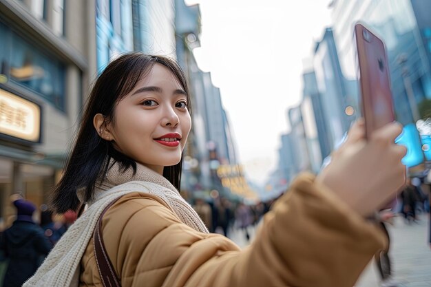 Zabawna młoda Azjatka, blogerka podróżująca, robiąca selfie w mieście na zimowych wakacjach.