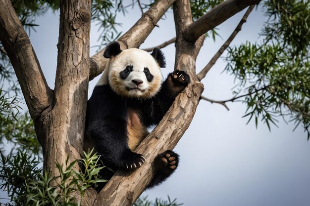 Zdjęcie zabawna panda wspina się na drzewo