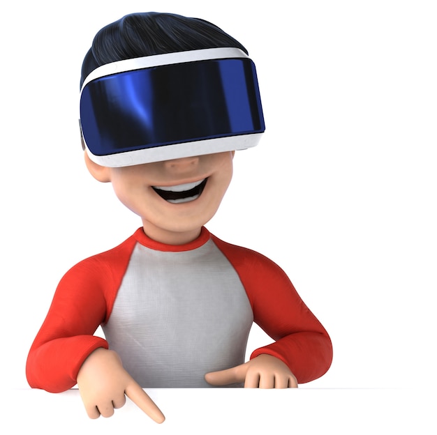 Zabawna postać 3D z kreskówkowym dzieckiem z kaskiem VR