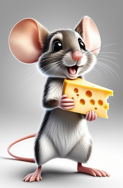 zabawna postać, śliczna uśmiechnięta mysz z dużymi uszami trzymająca kawałek sera na szarym tle