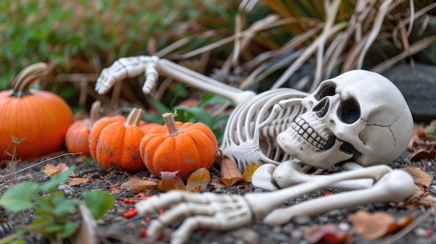 Zabawna postać szkieletowa pozująca z dyniami dodając zabawny dotyk do tła Halloween