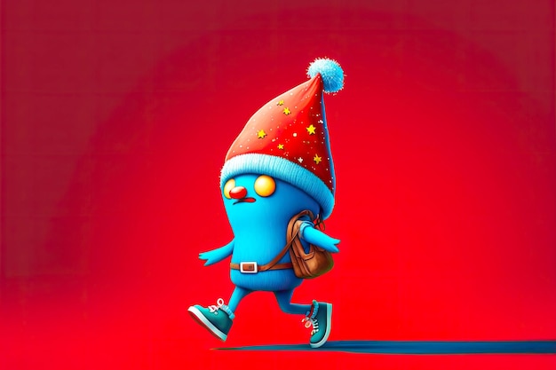 Zabawna postać z kreskówki w czerwonym kapeluszu na niebieskim tle ładny znak choinki spaceru w mieście