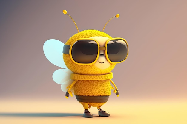 Zabawna pszczoła w okularach przeciwsłonecznych i wełnianej koszulce na kolorowym tle Generative AI