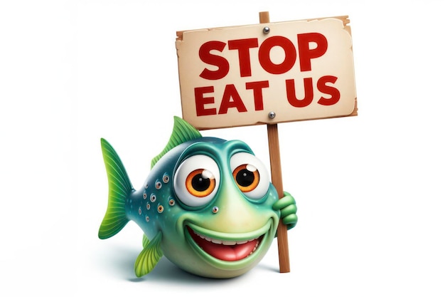 zabawna ryba trzymająca znak z napisem STOP EAT US na białym izolowanym tle ai generatywny