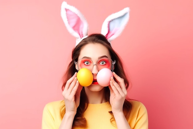 Zabawna samica z uszami królika i dużymi okularami trzymająca pisanki przy twarzy na różowym tle Generacyjna sztuczna inteligencja