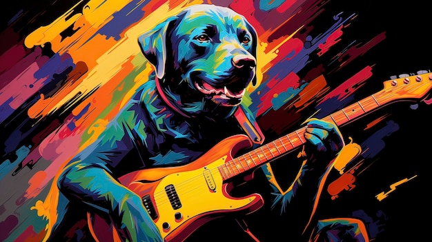 Zabawna scena Labrador Retriever grającego na gitarze łapami Generative ai