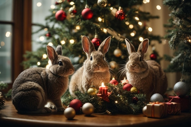Zabawna scena zwierząt dekorujących choinkę z królikami i ptakami