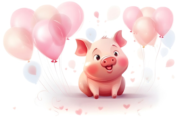 Zabawna strona świni kreskówek z balonami wyizolowanymi na białym tle Kolorowe radosne pozdrowienia c